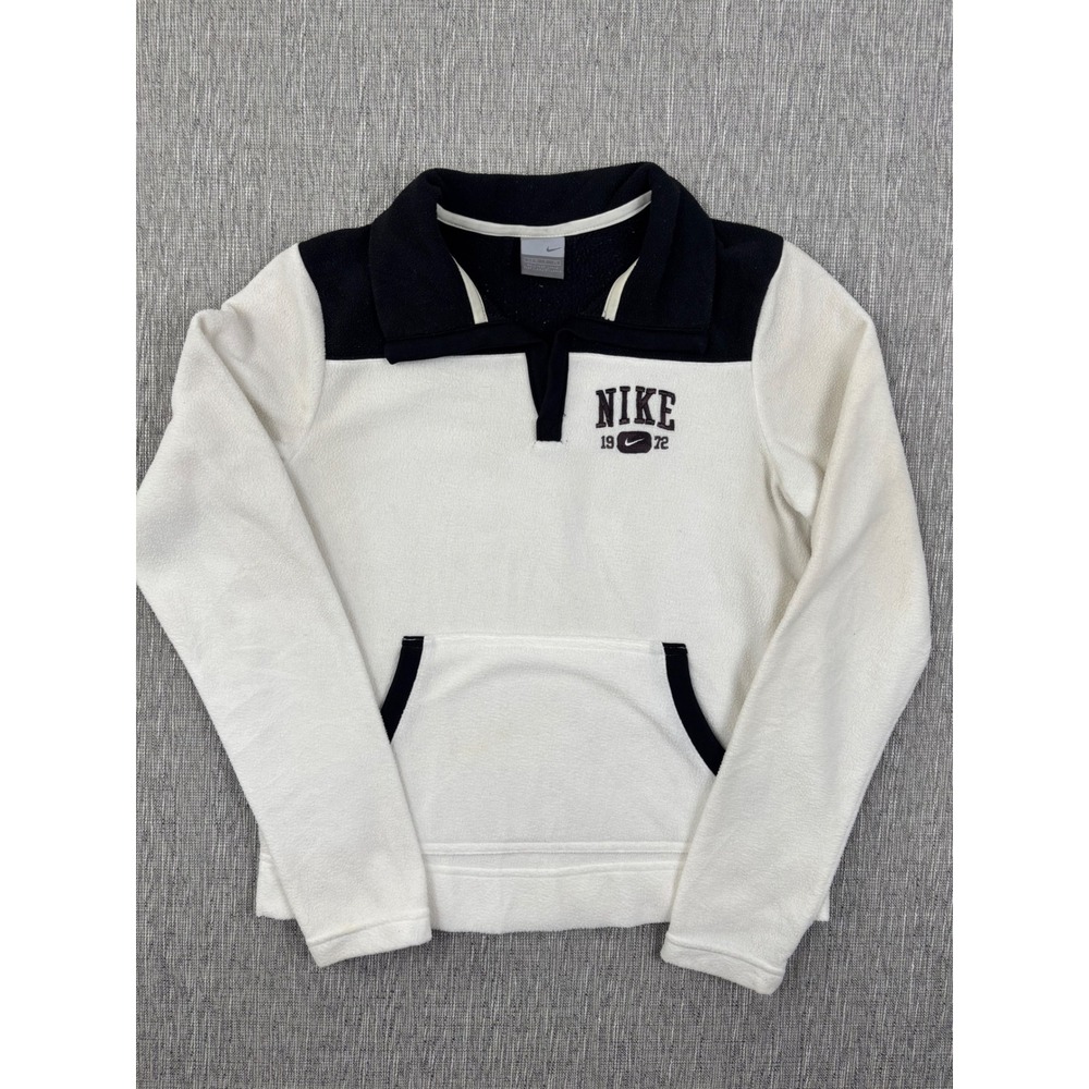 Nike Fleece Pullover Sweatshirt Cream Black Colorblock Polo Collar Small 1972